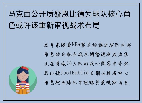 马克西公开质疑恩比德为球队核心角色或许该重新审视战术布局